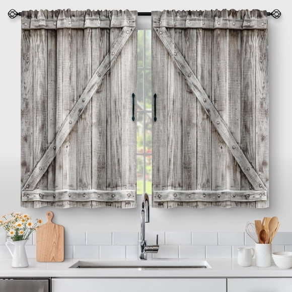 Rideaux de Cuisine en Forme de Porte de Grange en Bois - Rideaux Courts à Étages Style Ferme Rustique Rétro Western Café en Bois Campagnard pour Salon, Poche pour Tringle, Panneaux de Fenêtre Longueur 24 Pouces 2 Panneaux 28"x24 Pouces
