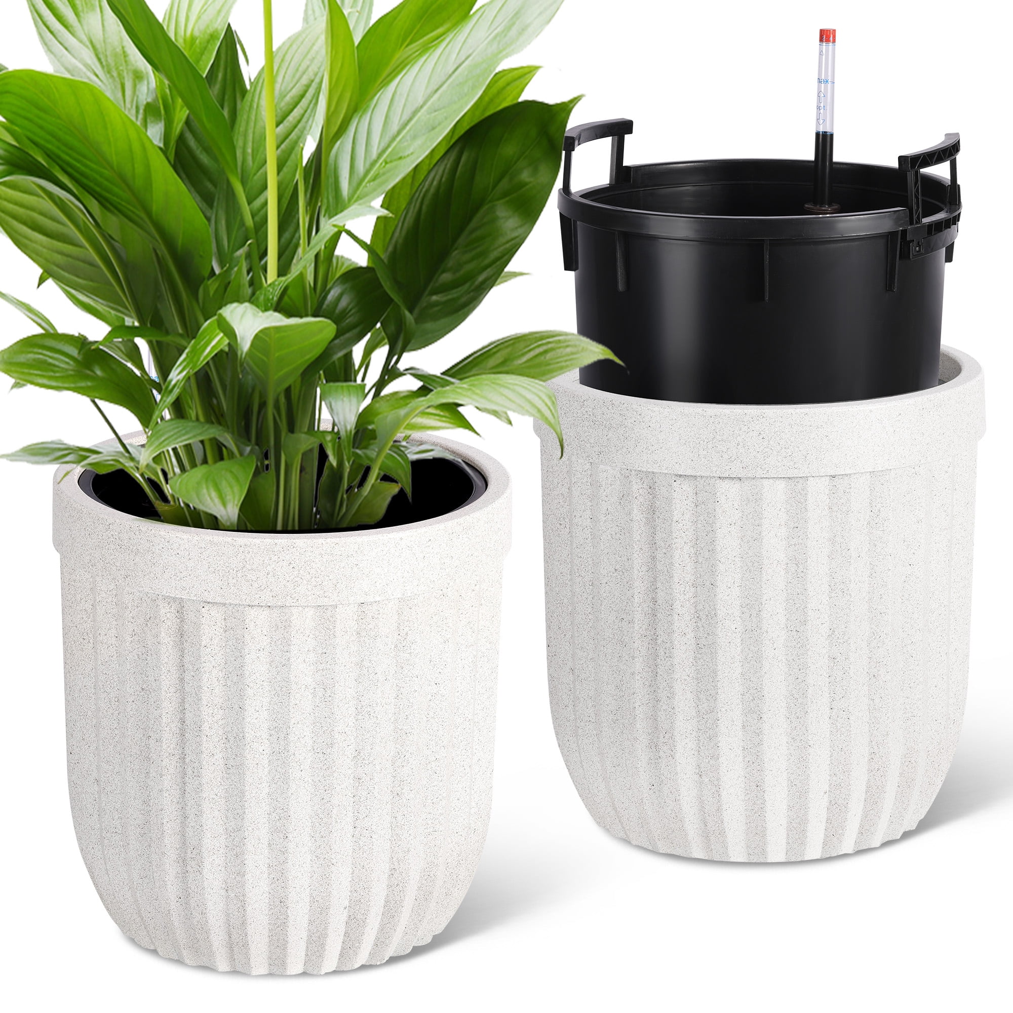Self-Watering Tall Planters Set of 2 – Large Indoor/Outdoor Flower Pots with Marble Finish, Water Level Monitor & Hidden Wheels – Decorative Plant Containers for Living Room, Patio, Garden, Office