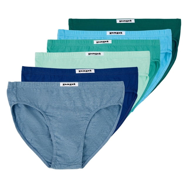PAPI Men's Premium Cotton Low-Rise Briefs, 6 Pack in assorted blue and green shades, front-facing stacked view showing soft cotton fabric with self-covered elastic waistbands and 'papi' brand tags, designed for breathable, flexible everyday men's underwear.
