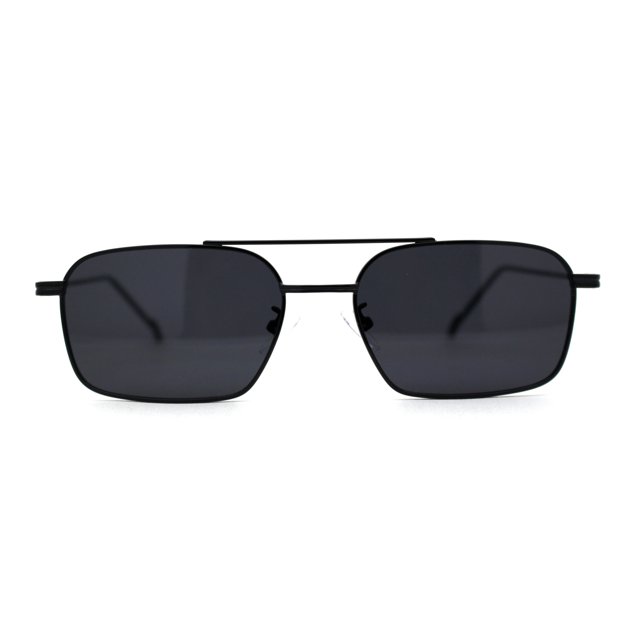 Mens Old School Double Bridge Narrow Rectangle Metal Rim Sunglasses All Black