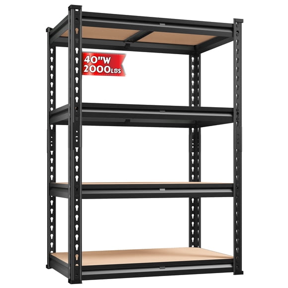 Exenoray Étagère de Rangement à 4 Niveaux, Capacité de 2000 Lb, Étagères de Garage Robustes Ajustables, Étagère Utilitaire Organisatrice en Métal, 20 Pouces P x 40 Pouces L x 60 Pouces H pour Cuisine, Garde-Manger, sous-Sol, Buanderie, Noir