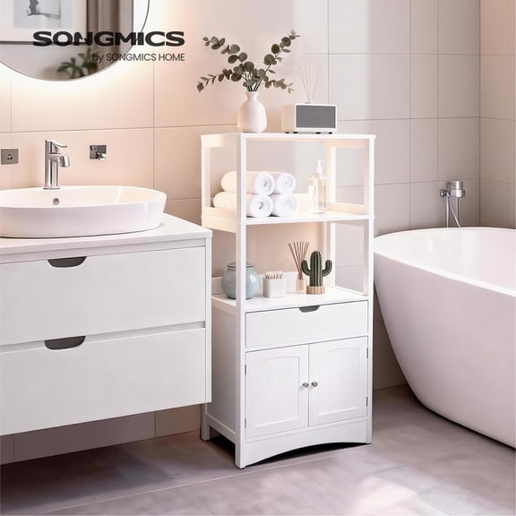 Armoire de Rangement de Salle de Bain VASAGLE, Colonne de Linge Autoportante, Grande Bibliothèque avec 2 Étagères Ouvertes, 1 Grand Tiroir, 12,8 x 23,6 x 48 Pouces, pour Entrée, Cuisine, Bureau, Blanc