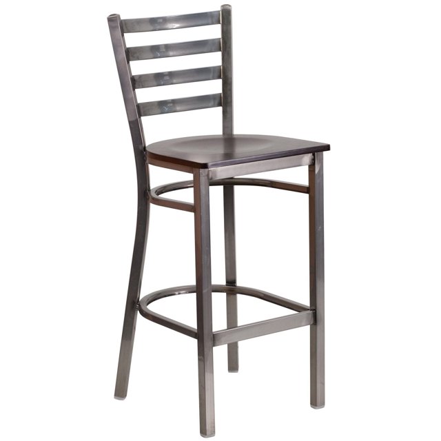 HERCULES Series Clear Coated Ladder Back Metal Restaurant Barstool - Walnut Wood Seat