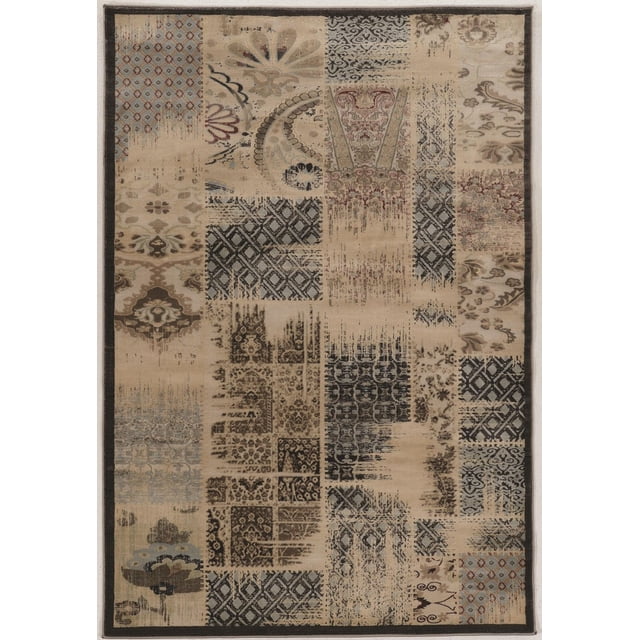 Jewel Tapis PatchWork Beige et Bleu 5 Pieds x 7 Pieds6 Pouces Mettant en Vedette une construction en Polypropylène 100 % Tissé à la Main, dense, Résistant à la Chaleur, avec un design PatchWork à motifs Multiples en Tons Beige et Bleu Pâle, Incluant des motifs Damassés, Floraux et de Cordes, des Bords en Fil Dentelé, Idéal pour les Petites Pièces Ou les Espaces Définis.