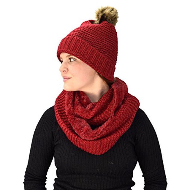 Peach Couture Thick Crochet Weave Beanie Hat Plush Infinity Loop Scarf 2 Pack Red 90