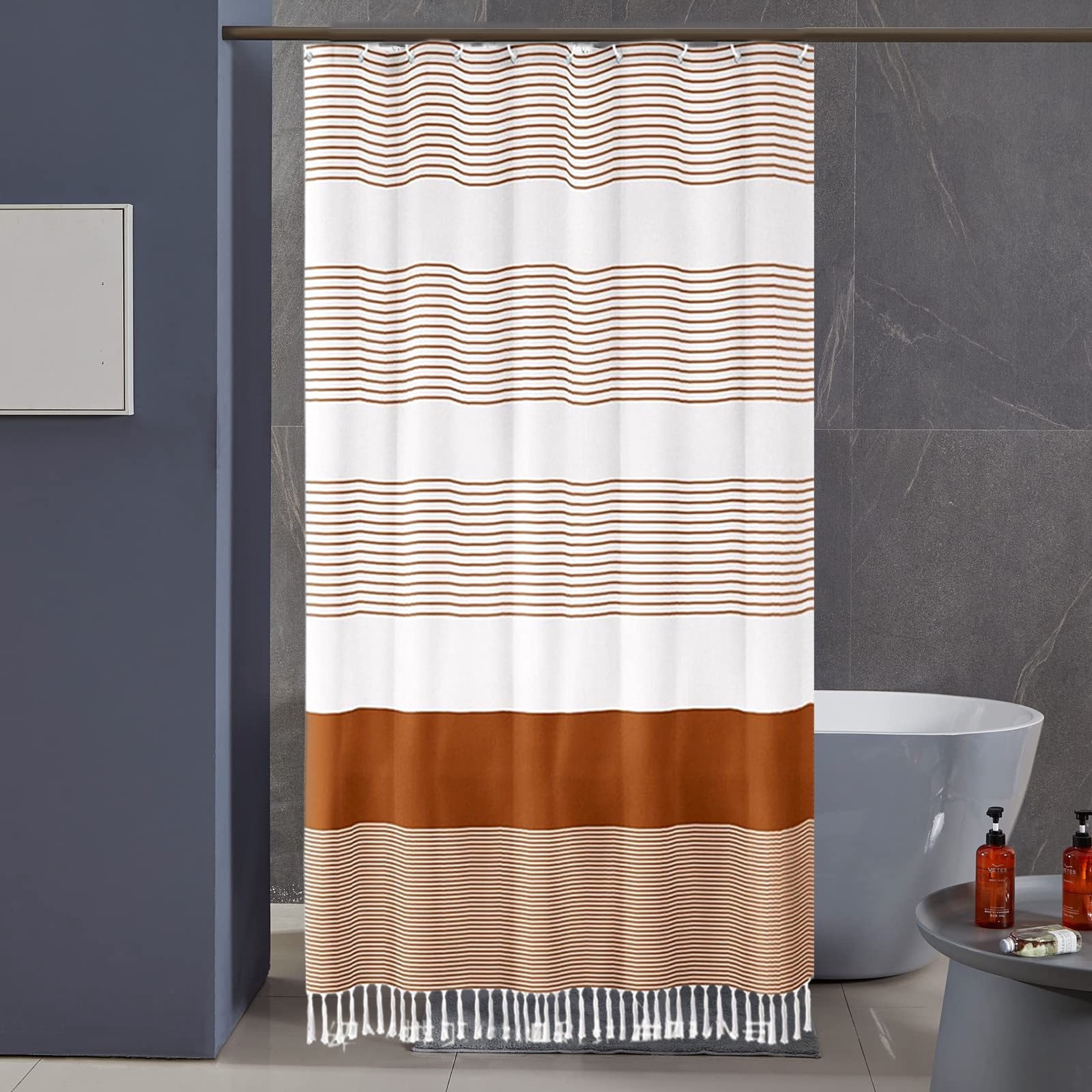 TIMIFIS Shower Curtain Faux Linen Shower Curtain Waterproof Household Tassel Splicing Bathroom Curtains Shower Curtain Liner