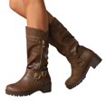 thumbnail image 1 of Platform Buckle Motorcycle Riding Boots for Women with Side Zipper Winter Fall Slouchy Leather Wide Mid Calf Tall Boots, 1 of 6