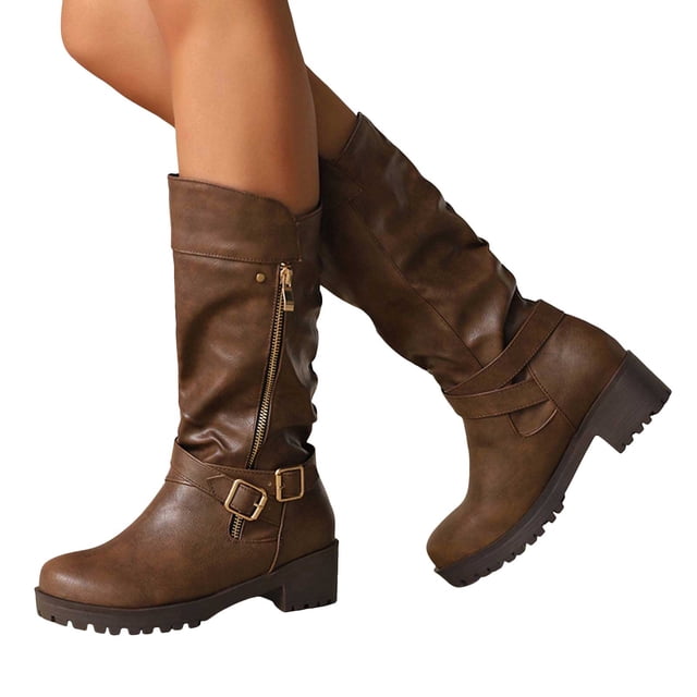 Platform Buckle Motorcycle Riding Boots for Women with Side Zipper Winter Fall Slouchy Leather Wide Mid Calf Tall Boots