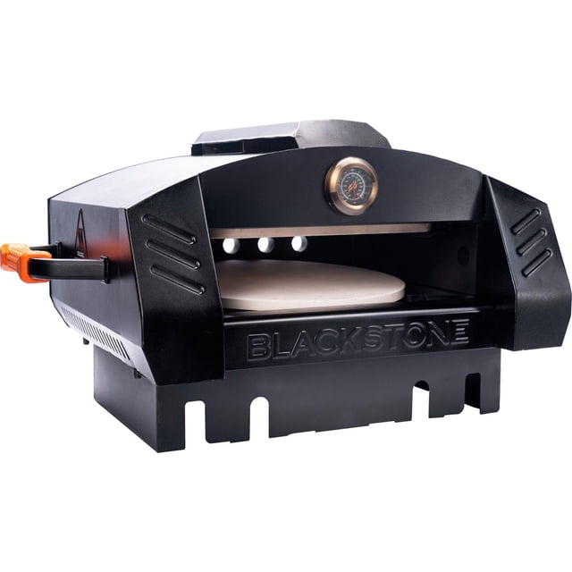 15 inch Blackstone Pizza Oven Conversion Kit in a 3/4 front view with a black metal body, built-in thermometer, heat-retaining front door, and patented 2Stone technology featuring upper and lower cordierite stones for even cooking of pizzas up to 15 inches, designed to convert 22-inch Blackstone griddles.
