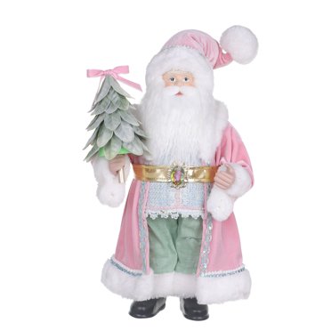 HOLIDAY TIME 16 IN Light Skin Tone Pink Robe Santa Figurine, 60% Polyester 40% PP Santa Statue Holding Mini Christmas Tree Tabletop Decor