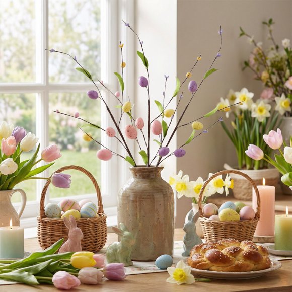 RKSTN Vigne Artificielle de Pulvérisation de Pâques avec Oeufs et Baies de Pâques Pastel - Tiges Florales Décoratives de Printemps - Branches de Brindilles d'Oeufs de Pâques pour Arrangement Floral - Décoration de Couronne Centrale