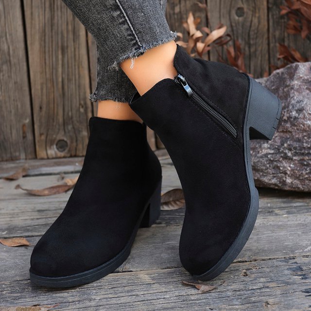 Lovzfmll Bottes à la Cheville pour Femmes, Cheville en Suède à Talon Bas Bout Rond, Bottines à Talon Bloc Moyen Bout Rond Décontractées d'Automne Bottes Noires