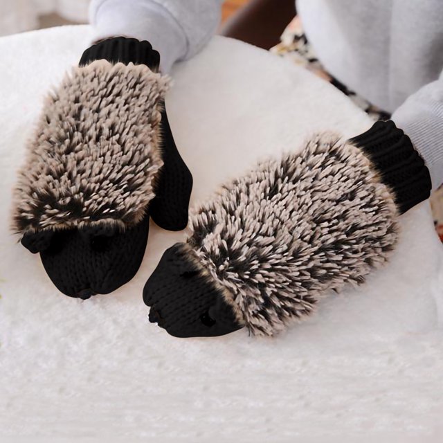 XZNGL Cartoon Hedgehog Wool Double Layer Thermal Insulation with Finger Weave Gloves