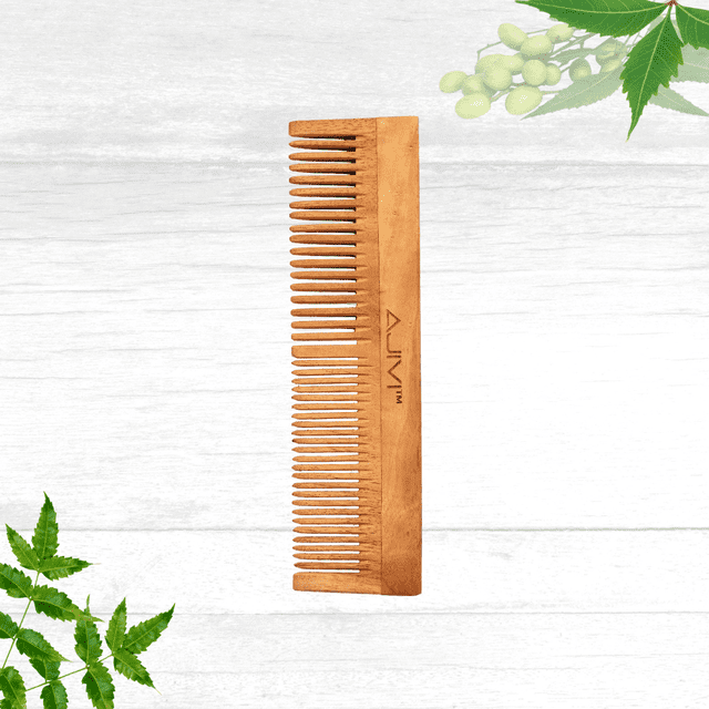 Neem Wood Dual Comb by AJIVI, featuring wide and fine teeth for versatile hair styling. Made from eco-friendly neem wood, this handmade comb is non-static, gentle on the scalp, and suitable for all hair types. Promotes hair growth, reduces dandruff, minimizes hair fall, and serves as an effective lice comb. Ideal for men and women seeking a sustainable grooming solution.