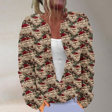 Jsaierl Chandail de Noël Laid pour Femmes, Mignon Cardigan en Tricot à Imprimé du Père Noël, Manches Longues, Boutonné, Ouvert à l'Avant