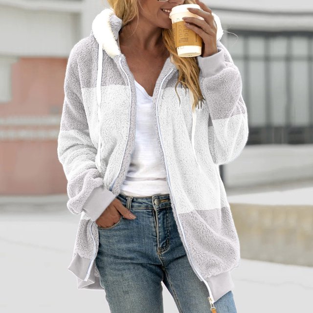 EGNMCR Womens Winter Fuzzy Fleece Jacket Hooded Drawstring Color Block Patchwork Cardigan Zipper Pullover Coats Outerwear with Pockets