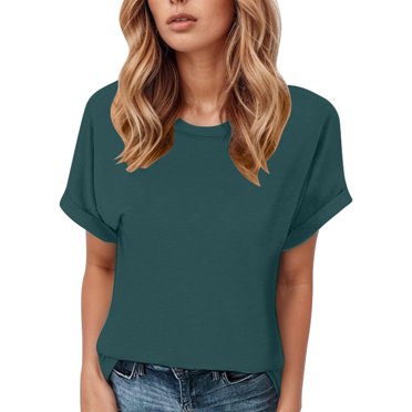 Fgnfyis T Shirts for Women A Fashionable and Casual Round Neck Solid Color Short Sleeve T Shirt for Ladies Womens Tops Dark Green XL