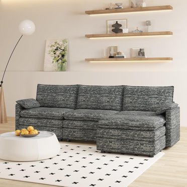 108" Modular Sectional Couch Sofa with Ottoman, Modern Comfy Cloud Couch, Chenille L Shaped Modular Sofa Deep Seat, Extra Large Sectional Sofa for Living Room, Apartment