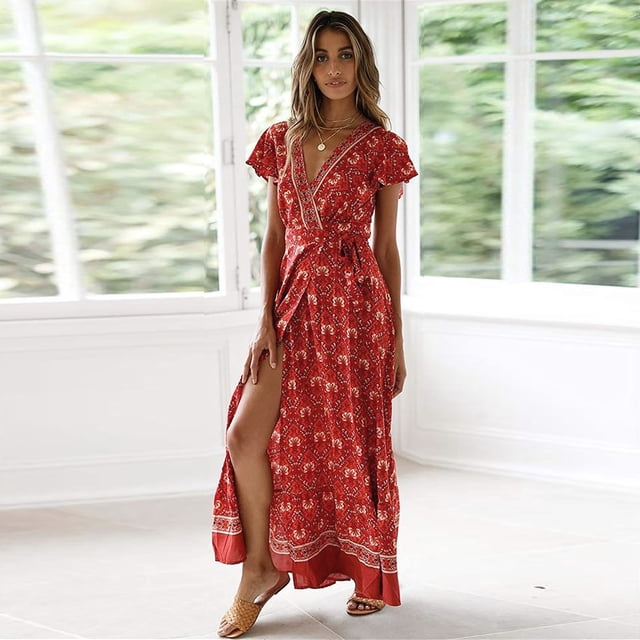 Fshaion Robe d'Été pour Femmes 2024 Grande Taille Robe à Col en V Plage Bohème Imprimé Floral Robe de Vacances Liquidation à Moins de 10!