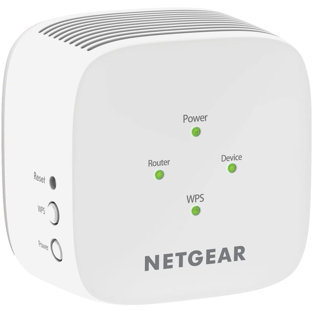 Netgear AC750 WiFi Range Extender (EX2800) in a compact white cube with rounded edges, featuring green LED indicators for Power, Router, Device, and WPS on the front, and side buttons for Reset, WPS, and Power, designed to extend WiFi coverage up to 1200 square feet and support up to 20 devices.