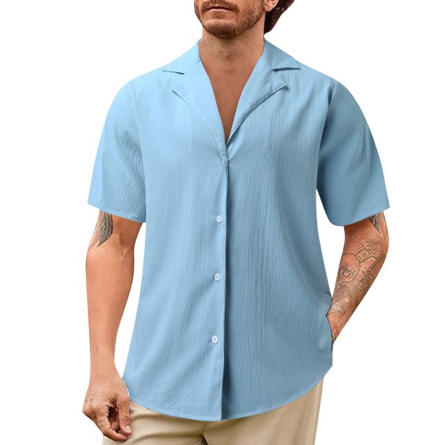 BOBOGOJP Chemises Boutonnées pour Hommes Rétro avec Poche Manches Courtes, Bleu Ciel L