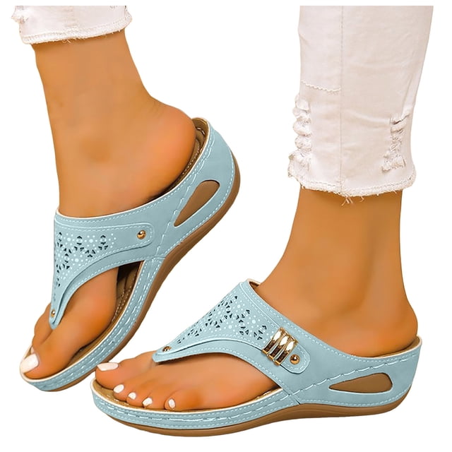 Orthopedic Wedge Slides Sandals for Women Wide Width Comfortable Leather Arch Support Walking Flip Flops