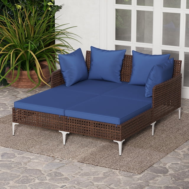 Gymax Outdoor Rattan Double Daybed Wicker Chaise Lounge for 2 w/ Seat & Back Cushions Navy