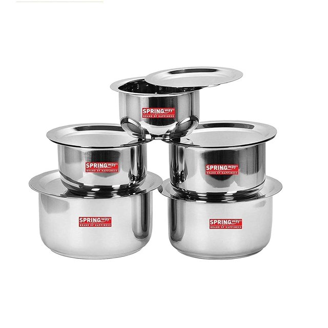 Silver Stainless Steel 5 Pcs Patila Set, Tope, Cookware Set With Lids - 1 Ltr To 3 Ltr, 22 Guage Induction & Gas Stove Friendly 10 Pcs Set