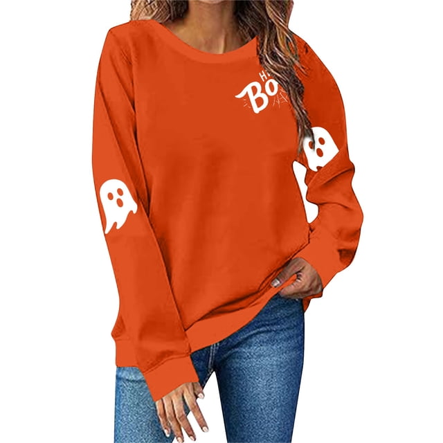 NMMUED Chandail d'Halloween pour Femmes, Chandails Graphiques pour Femmes, Jolis Chandails d'Halloween pour Femmes, Chandails à Col Rond pour Femmes, T-Shirts d'Halloween pour Femmes, Chandails à Enfiler pour Femmes, Orange m