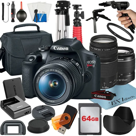 Canon EOS Rebel T7 Appareil Photo Reflex Numérique Ensemble avec Objectif 18-55mm + 75-300mm + Carte 64 Go + Étui + Trépied + Accessoire ZeeTech