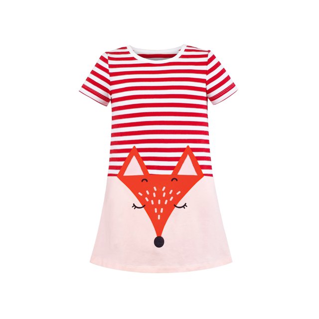 Robe Fille Col Rond Coton Décontractée Fox à Rayures Rouges Manches Courtes 3 Ans