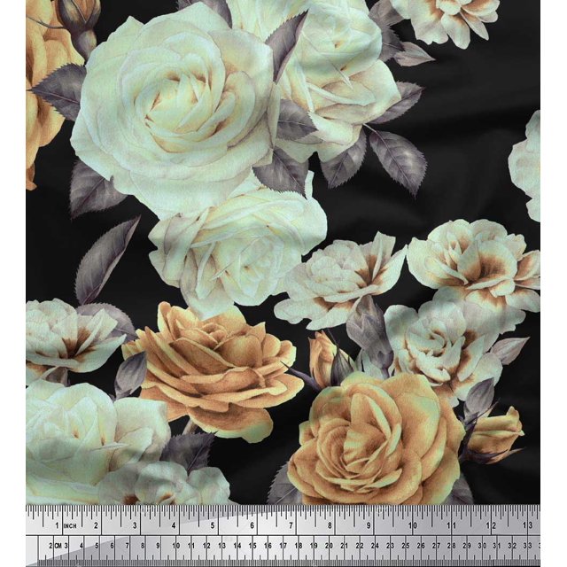 Soimoi Rayon Fabric Leaves & Rose Flower Printed Fabric 1 Yard 56 Inch Wide