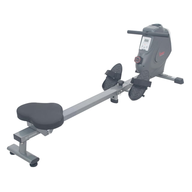 Sunny Health & Fitness Magnetic Rowing Machine Rower with 11lb (5kg) flywheel and LCD monitor, grey frame, black padded seat, adjustable foot pedals with straps, magnetic resistance knob, and 44.7-inch slide rail for smooth indoor cardio exercise.