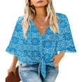 thumbnail image 1 of CHUANK Women‘s Button Down V Neck Tops Ruffled 3/4 Sleeve Tie Knot Front Blouses White Sizes S-2XL, 1 of 3