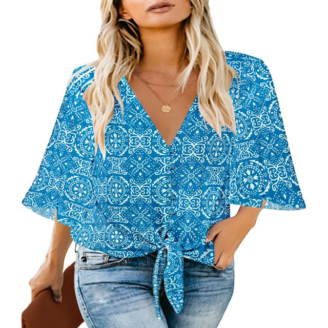 CHUANK Women‘s Button Down V Neck Tops Ruffled 3/4 Sleeve Tie Knot Front Blouses White Sizes S-2XL