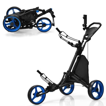 Goplus Chariot de Golf Pliant à 3 Roues avec Sac, Tableau d'Affichage, Poignée Ajustable, Bleu