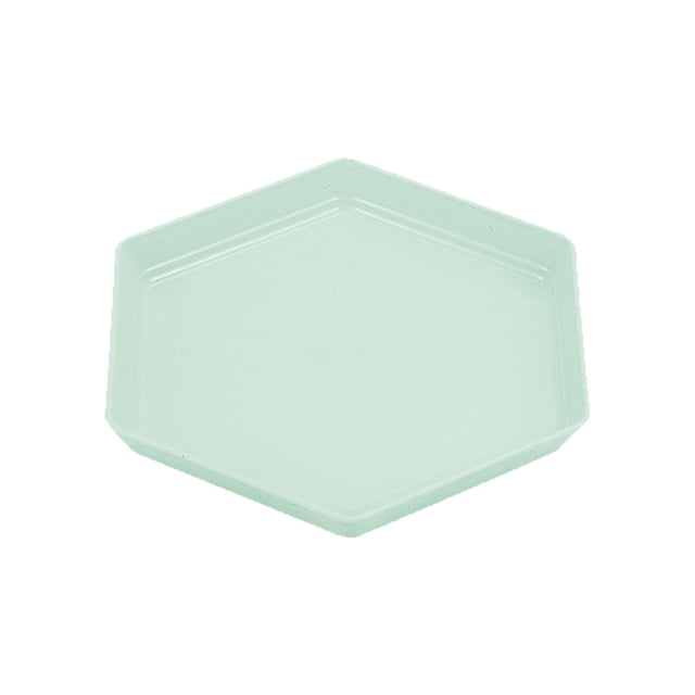 Plastic dinner plate with a hexagonal shape, shown in a light green color. Made of durable, lightweight plastic, this reusable plate measures 6.69x6.69 inches (17x17 cm) and is microwave and dishwasher safe. Suitable for dinnerware sets, kitchen use, or camping.