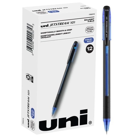 Uniball Jetstream 101 Lot de 12, 1,0 mm Bleu Moyen, Wirecutter Best Pen, Stylos-Bille, Stylos à Encre à Bille / Fournitures de Bureau, Stylo-Bille, Stylos Colorés, Pointe Fine, Stylos à Écriture Fluide