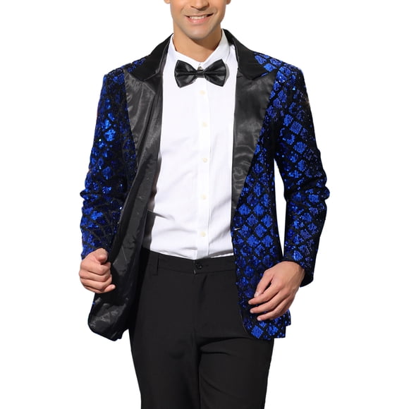 INSPIRE CHIC Men's Blazers Peak Lapel One Button Glitter Argyle Sequin Blazers L Royal Blue