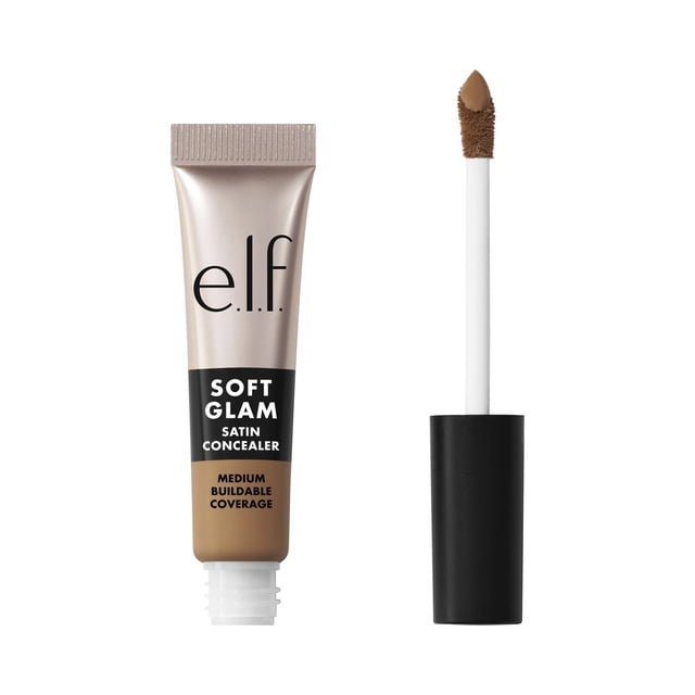 e.l.f. Cosmetics Soft Glam Satin Concealer 40 Tan Warm 6.3 mL tube with beige and black label showing medium buildable coverage, alongside a black-capped doe-foot applicator wand coated with tan concealer, on a white background, often used for natural makeup and light to medium coverage.