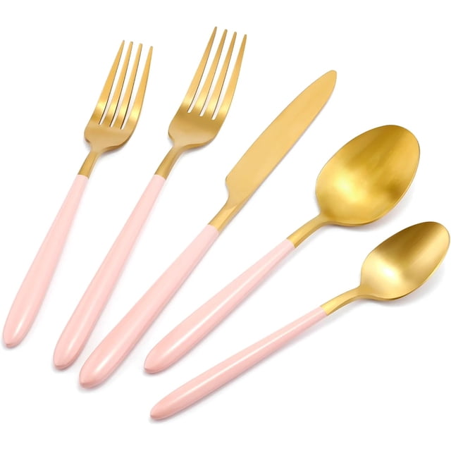 20-Piece Utensil Set - Ultimate Cooking Convenience, Complete Your Kitchen in Blush Pink and Matte Gold. The set includes 4 dinner knives, 4 dinner forks, 4 dinner spoons, 4 dessert forks, and 4 dessert spoons. Each utensil features a luxurious matte gold finish with blush pink ergonomic handles, crafted from high-quality stainless steel for durability and corrosion resistance. Ideal for both formal dining and everyday use, this set combines elegance and functionality.