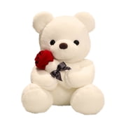 Renjiang Teddy Bear Stuffed Animal Rose Bear with Red Bow Soft Plush Toy Holiday Valentine's Day Gift 9 Inches White