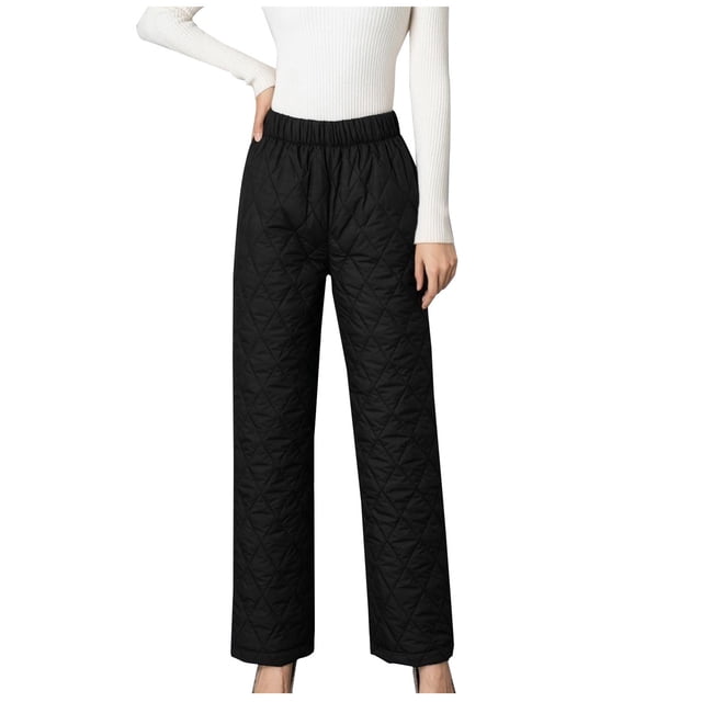 Women's Winter Warm High-Rise Quilted Windbreaker Puffer Down Pant Compression Loose Outdoor Ski Snow Pants Trousers by BLVB. These black quilted pants feature a high-rise elastic waistband and a loose fit, designed for winter sports and outdoor activities. Made from soft, stretch, quick-drying fabric for comfort and durability.