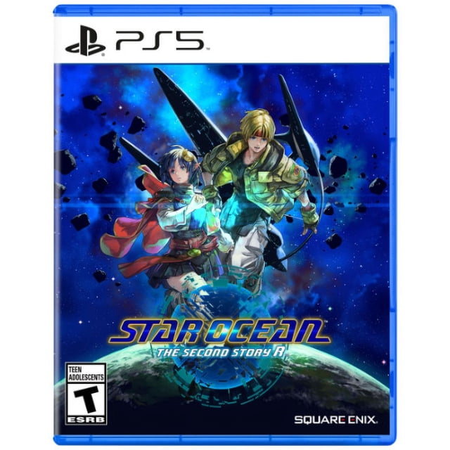 STAR OCEAN THE SECOND STORY R (PS5) Couverture de Jeu Mettant en Vedette Deux Personnages en Tenue Futuriste Flottant dans un Environnement Spatial Bleu Vif au-Dessus d'Une Planète, avec le Titre en Texte Audacieux Jaune et Bleu et le logo Square Enix en Bas à Droite.