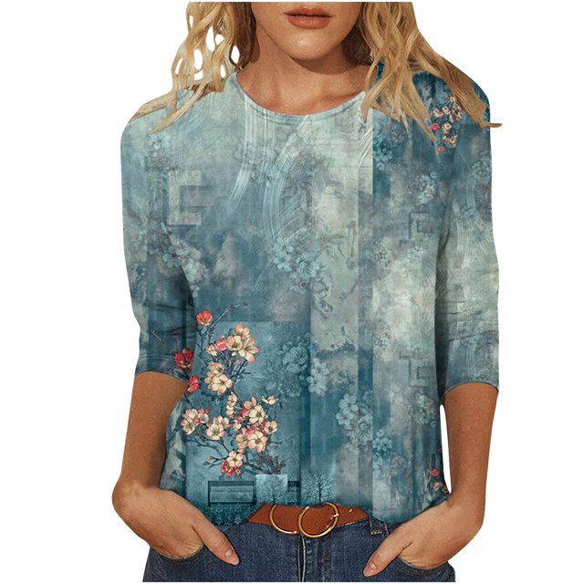 Pompotops T-shirt Imprimé Loose Mode Femme Manches 3/4 Col Rond Dégagement des Hauts Décontractés