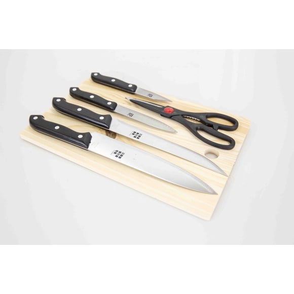 Ensemble de couteaux en acier inoxydable de 5 pièces de la série Essentials avec planche à découper entièrement en bois naturel