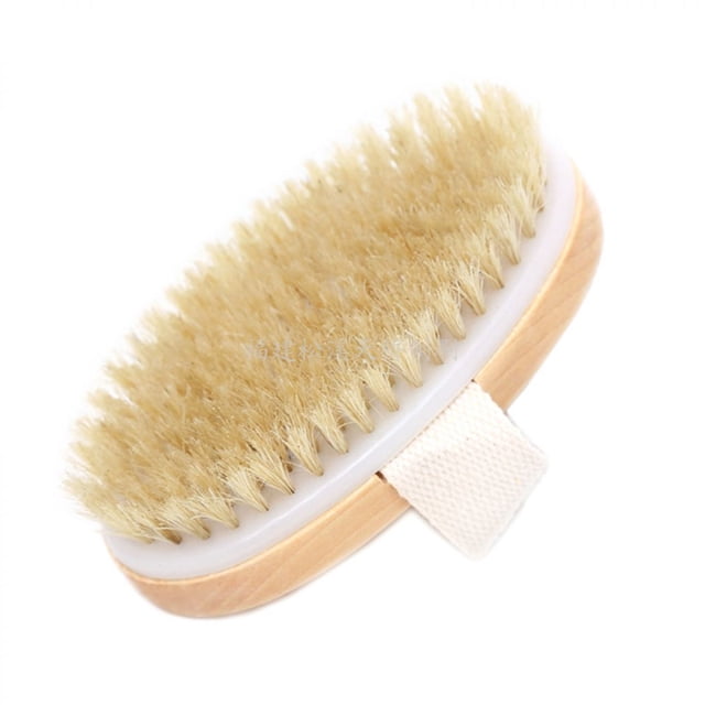 Dry Brushing Body Brush, a bath accessory with natural boar bristles for dry skin exfoliation and circulation improvement. Features a polished wooden handle, oval shape for easy control, and a cotton strap for a secure grip. Lightweight and compact, measuring 12.5 x 6.6 x 3.5 cm.