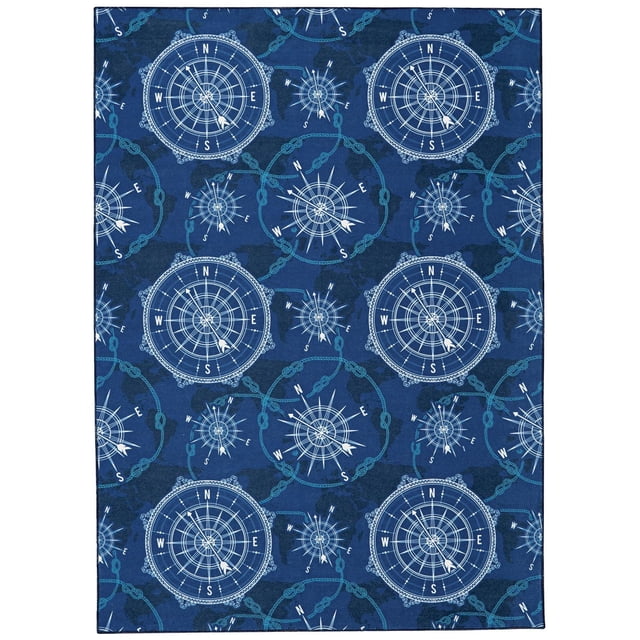 Simon 3' x 5' washable accent rug in blue and ivory featuring white nautical compass roses and rope patterns on a deep blue background, made of stain-resistant polyester with nonslip backing, machine washable and suitable for high traffic areas or family rooms.