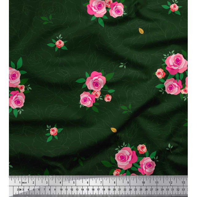 Soimoi Tissu Poly Georgette Imprimé Feuilles & Roses au Mètre 42 Pouces de Large
