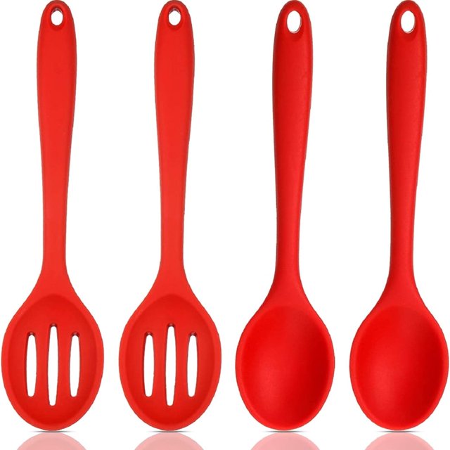 YOPTOP 4 Pieces Silicone Nonstick Mixing and Slotted Spoons Set, Large Silicone Serving Slotted Spoon Nonstick Heat Resistant Spoons for Kitchen Baking Stirring Draining Tools (Red)